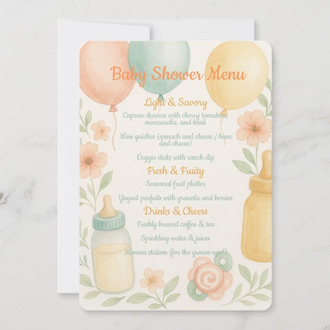 Invitation Menu Baby shower Aquarelle douce (Devant)