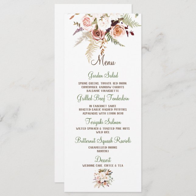 Invitation Menu Boho Soft Coloured Rose/White Flowers Mariage (Devant / Derrière)