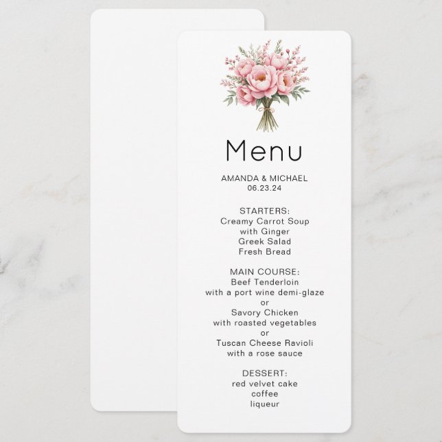 Invitation Menu Bouquet de Fleurs de Pivoine Rose Clair (Devant / Derrière)