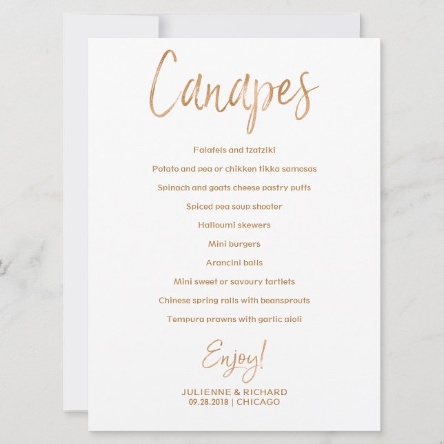 Invitation Menu Canapes mariage | Rose or élégant (Devant)