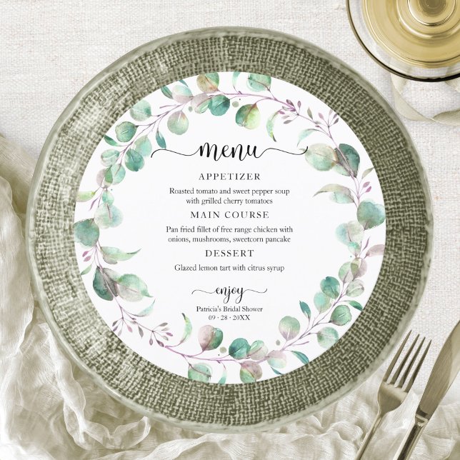 Invitation Menu circulaire de Baby Shower avec eucalyptus et  (Créateur téléchargé)