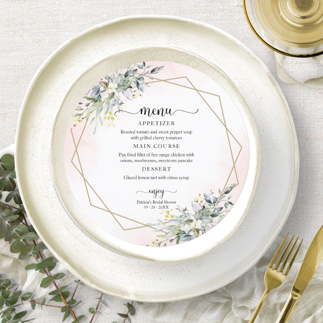 Invitation Menu circulaire de Baby Shower avec verdure et ros (Créateur téléchargé)
