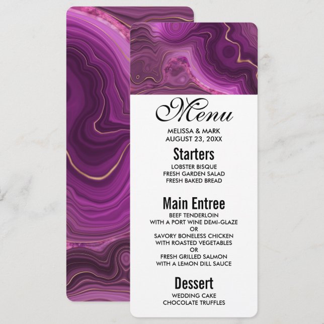 Invitation Menu D'Agate Abstrait D'Améthyste Violet Et D'Or (Devant / Derrière)