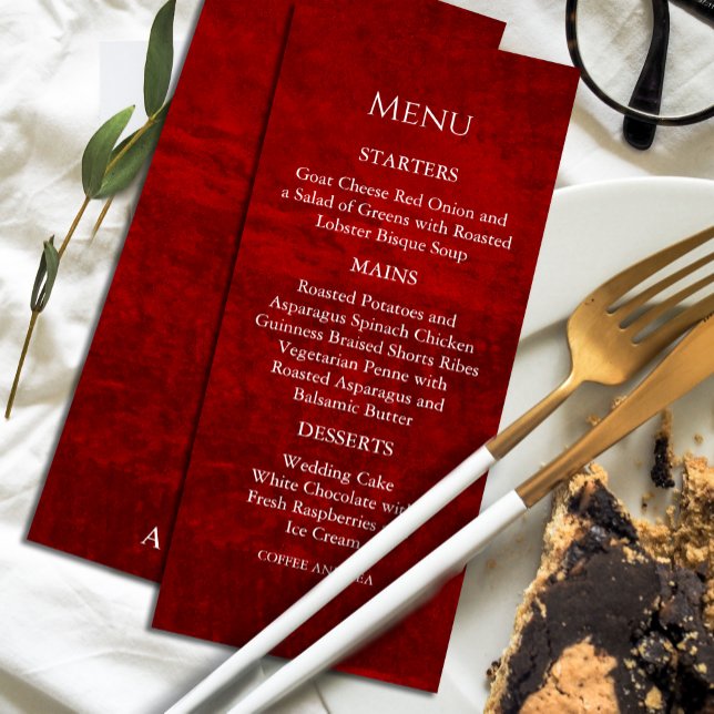 Invitation Menu Dark Moody Royal Red avec Gratches (Dramatic and chic, our scratched red invitation with elegant white calligraphy. #menuinvitation)