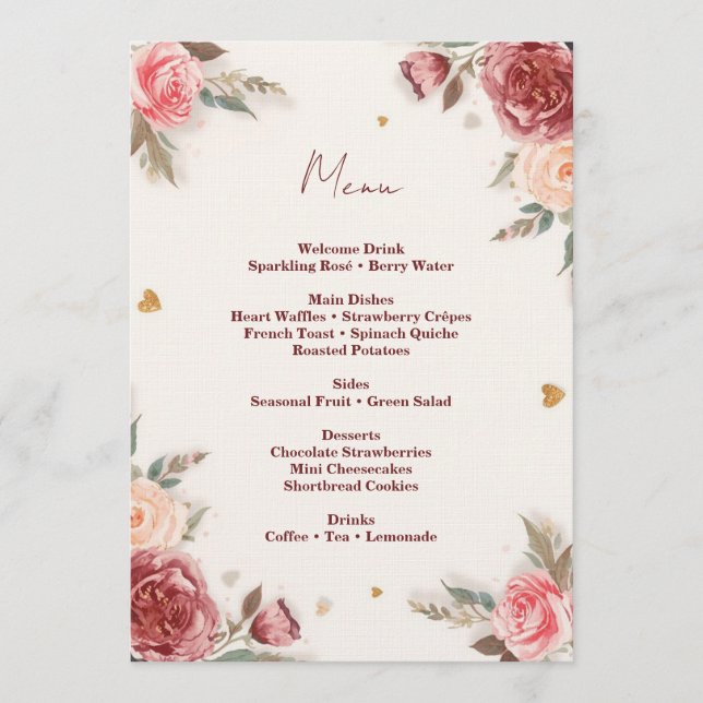 Invitation Menu de brunch de la Saint-Valentin à l'aquarelle  (Devant)