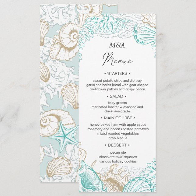 Invitation Menu de dîner de mariage côtier turquoise (Devant / Derrière)