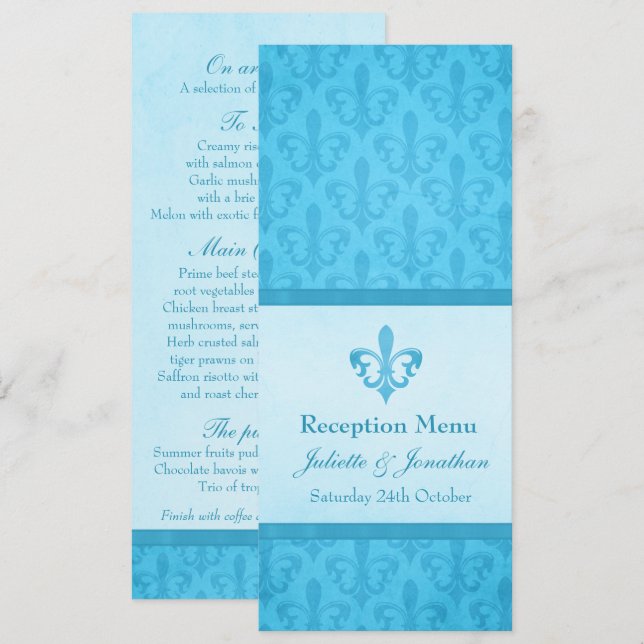 Invitation Menu de dîner de réception de mariage Blue Fleur D (Devant / Derrière)