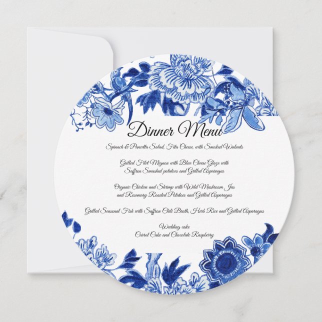 Invitation Menu de dîner floral blanc bleu influence asiatiqu (Devant)