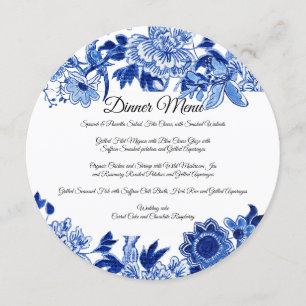 Invitation Menu de dîner floral blanc bleu influence asiatiqu