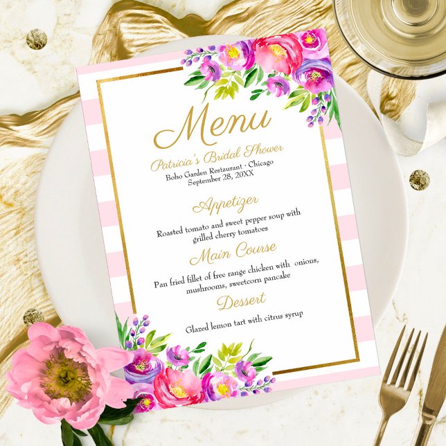 Invitation Menu de la douche de mariage floral or rose et fau (Créateur téléchargé)