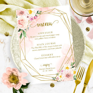 Invitation Menu de la douche de mariage floral rose doré