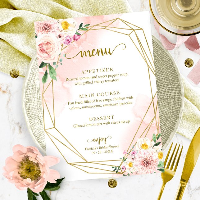 Invitation Menu de la douche de mariage floral rose doré (Créateur téléchargé)