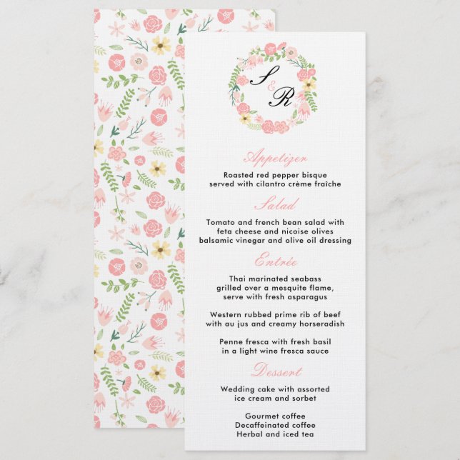 Invitation Menu de la fête de mariage à couronne florale et m (Devant / Derrière)