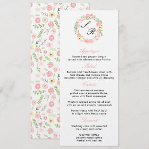 Invitation Menu de mariage à couronne florale monogramme