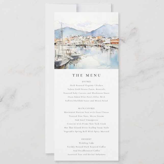 Invitation Menu de mariage à l'aquarelle d'Ushuaia, Argentine (Devant)