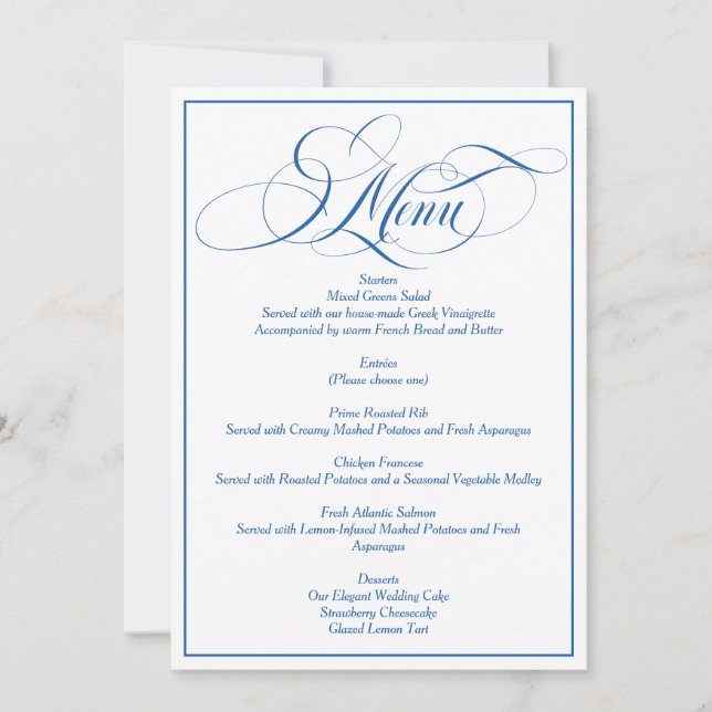 Invitation Menu de mariage à l'écriture élégante bleue (Devant)