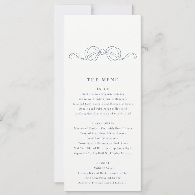 Invitation Menu de mariage à nœud papillon coquette bleu fonc (Devant)