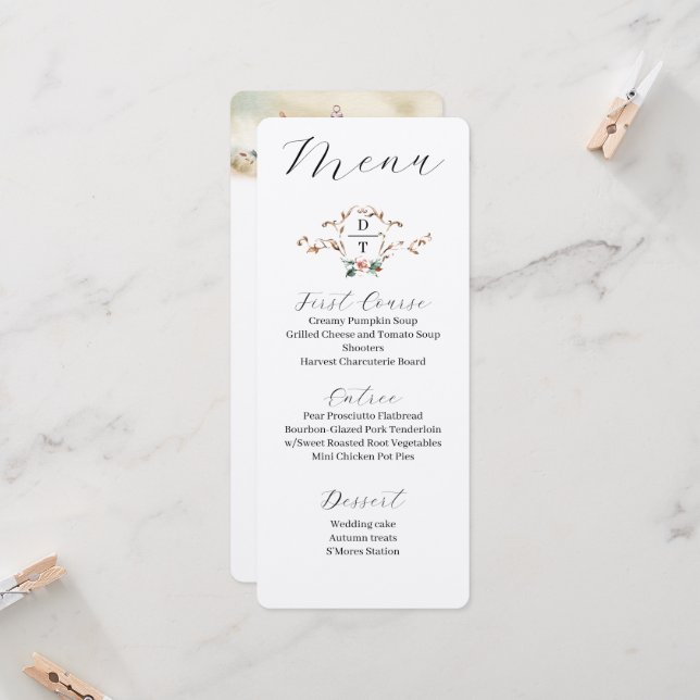 Invitation Menu de mariage automnal romantique (Devant/Arrière en situation)