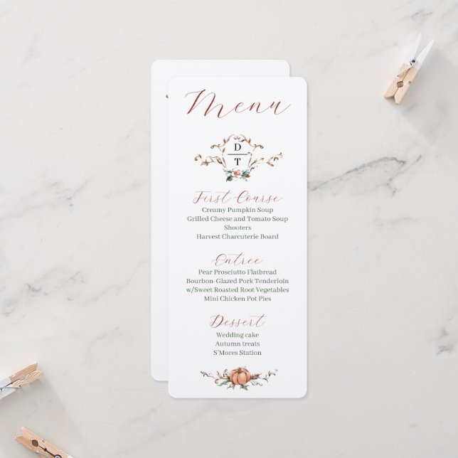 Invitation Menu de mariage automnal romantique avec orange et (Devant/Arrière en situation)