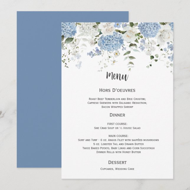 Invitation Menu de mariage aux hortensias bleus et blancs Ros (Devant / Derrière)