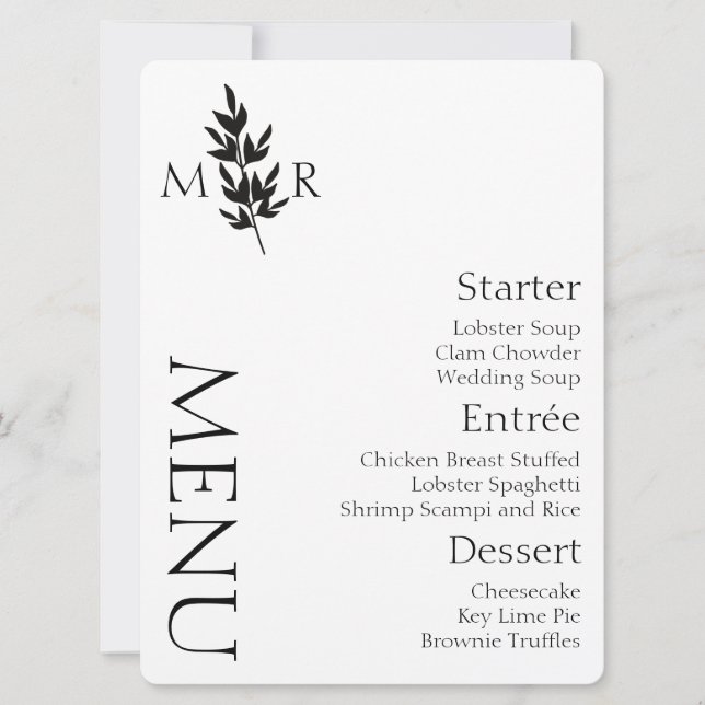 Invitation Menu de mariage avec logo de branche botanique (Devant)