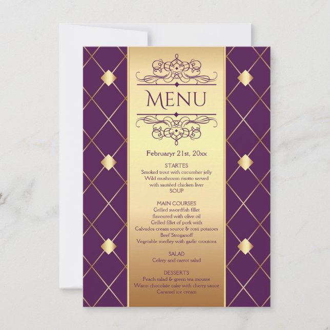 Invitation Menu de mariage avec motif diamant or sur fond vio (Devant)