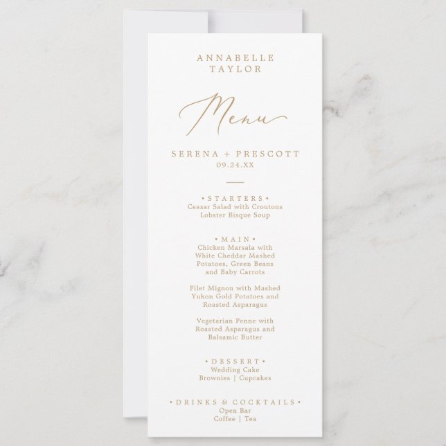 Invitation Menu de mariage avec nom de l'invité en or délicat (Devant)