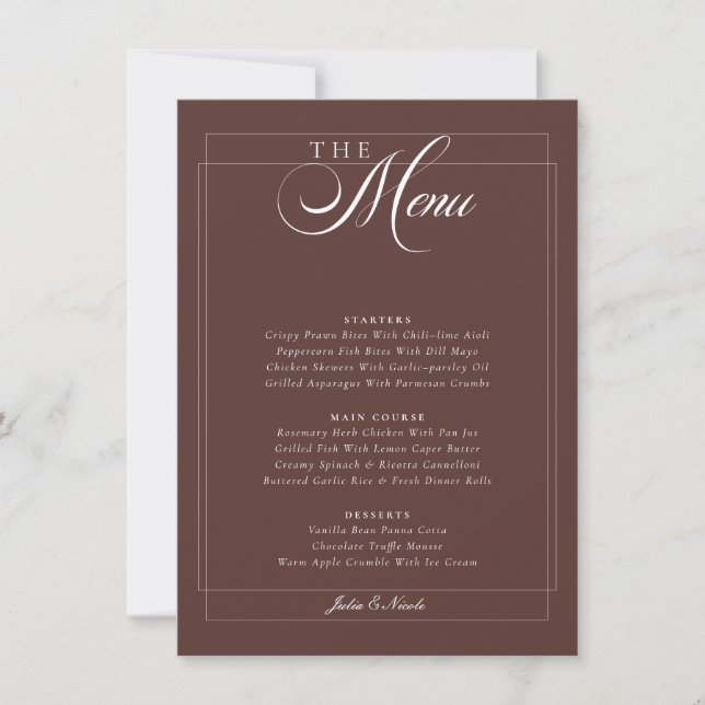 Invitation Menu de mariage calligraphié marron choco classiqu (Devant)