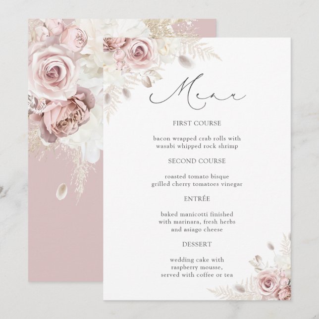 Invitation Menu de mariage chic poussiéreux fleurs roses rose (Devant / Derrière)