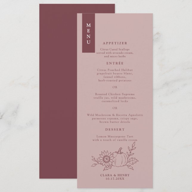 Invitation Menu de mariage citrouille longueur thé poussiéreu (Devant / Derrière)