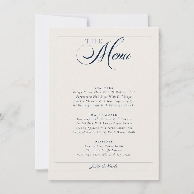Invitation Menu de mariage classique calligraphié bleu marine (Devant)