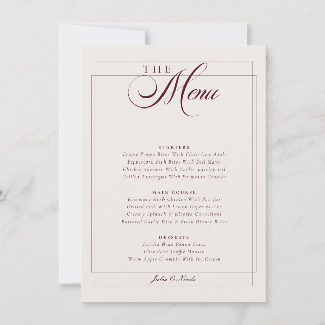 Invitation Menu de mariage classique calligraphié en ivoire d (Devant)