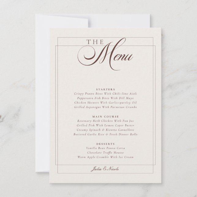 Invitation Menu de mariage classique Choco Brown Ivory Callig (Devant)