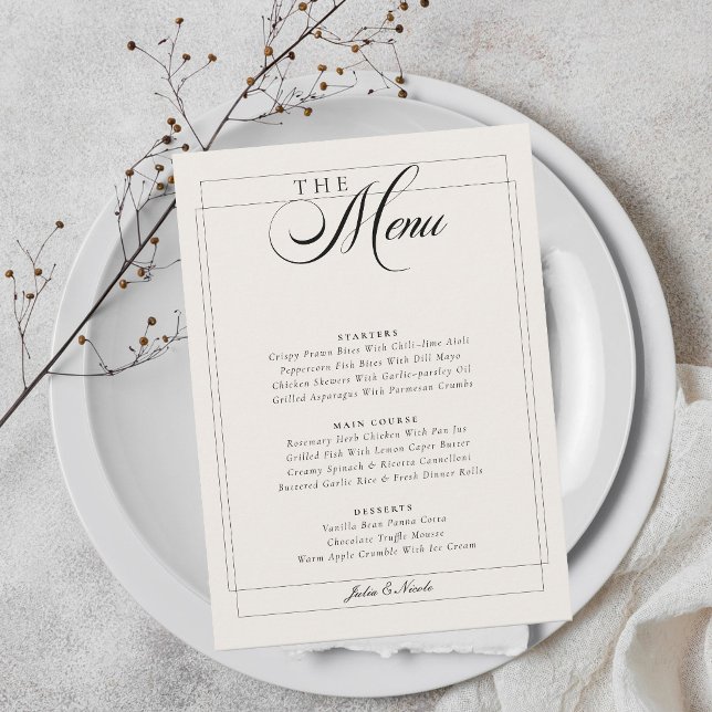 Invitation Menu de mariage classique noir ivoire blanc callig (Créateur téléchargé)