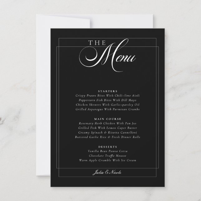 Invitation Menu de mariage classique noir ivoire blanc callig (Devant)