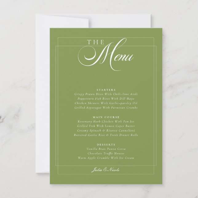Invitation Menu de mariage classique vert olive ivoire callig (Devant)