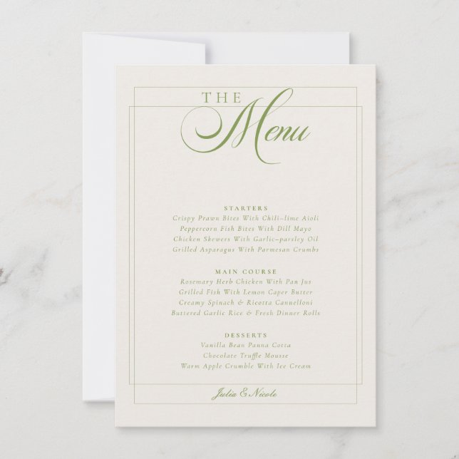 Invitation Menu de mariage classique vert olive ivoire callig (Devant)
