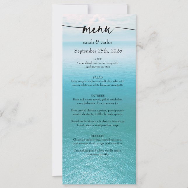 Invitation Menu de mariage écriture plage aquarelle océan (Devant)