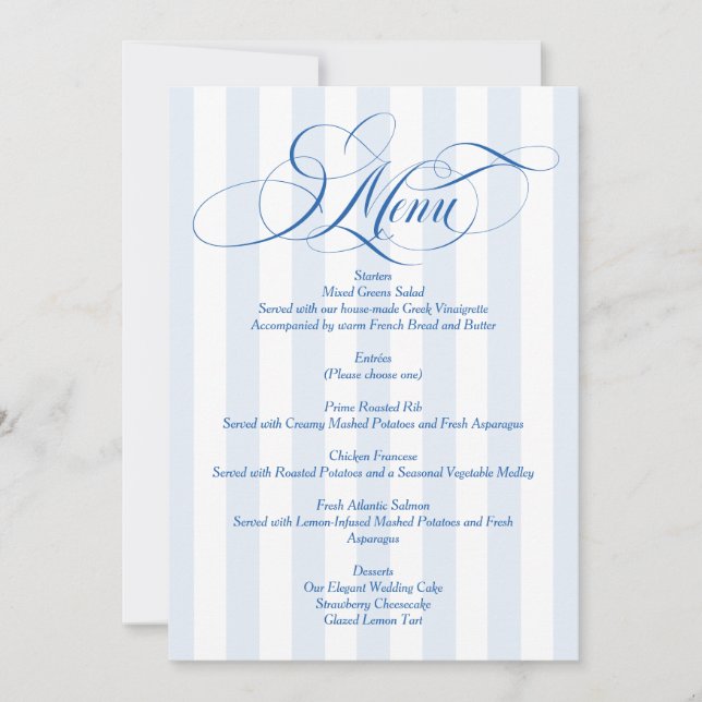 Invitation Menu de mariage élégant à rayures bleues et écritu (Devant)