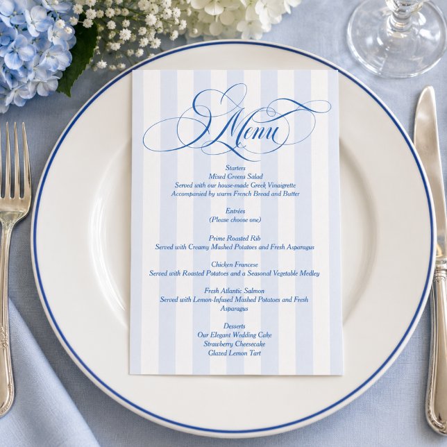 Invitation Menu de mariage élégant à rayures bleues et écritu (Créateur téléchargé)