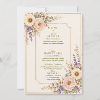 Invitation Menu de mariage élégant aux fleurs sauvages.