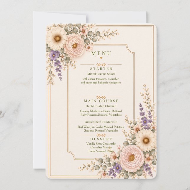 Invitation Menu de mariage élégant aux fleurs sauvages. (Devant)