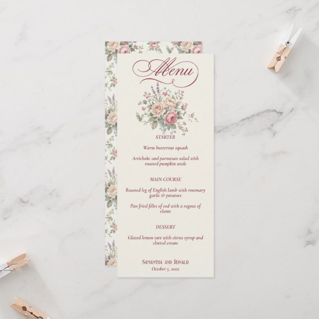 Invitation Menu de mariage élégant aux roses pastel shabby ch (Devant/Arrière en situation)