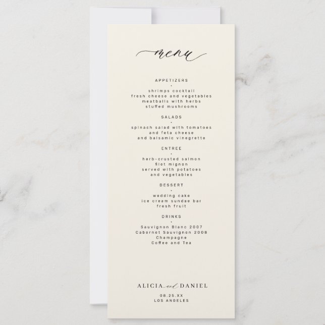 Invitation Menu de mariage élégant simple noir et ivoire (Devant)