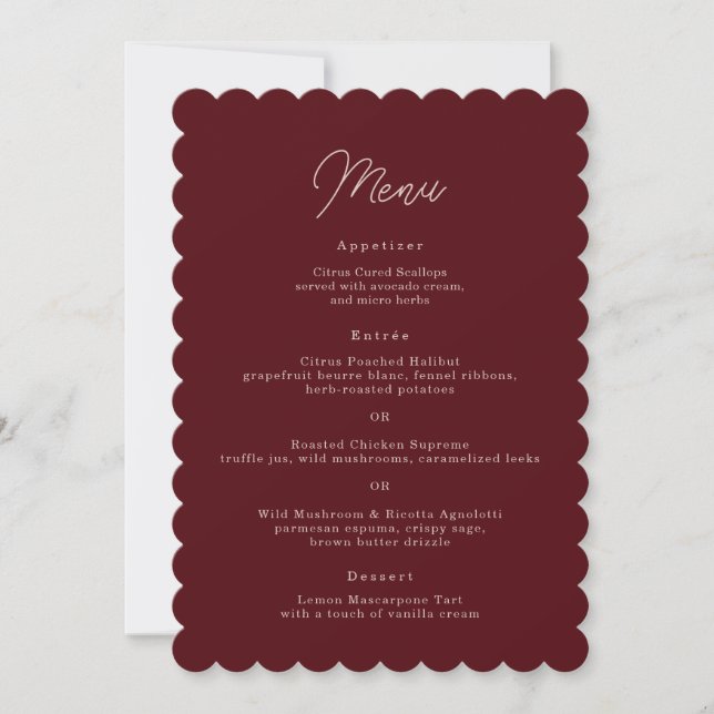 Invitation Menu de mariage en bordure festonnée Burgundy Mood (Devant)