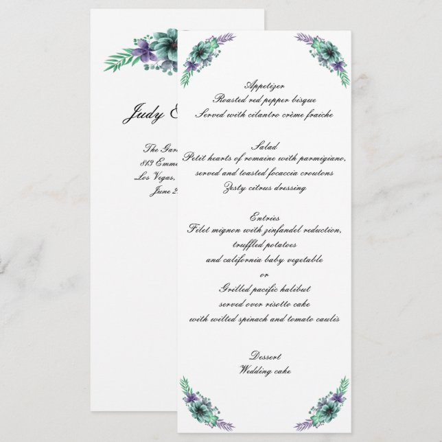 Invitation Menu de mariage floral aquarelle vert et violet  (Devant / Derrière)