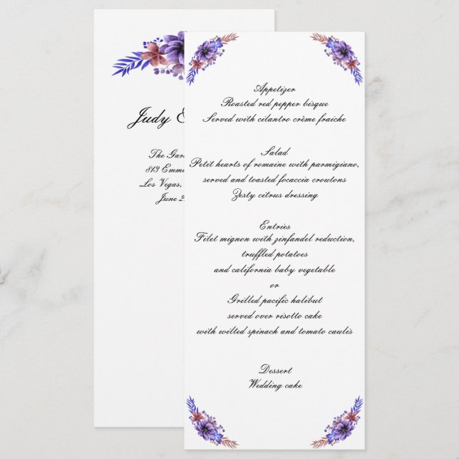 Invitation Menu de mariage floral aquarelle violet et bleu (Devant / Derrière)