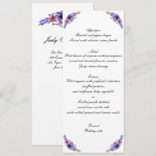 Invitation Menu de mariage floral aquarelle violet et bleu