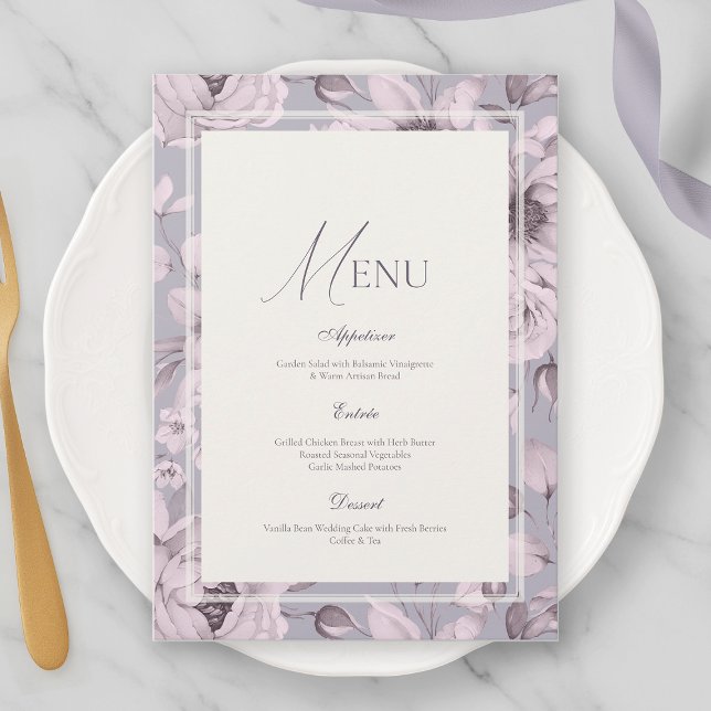 Invitation Menu de mariage floral gris lavande (Créateur téléchargé)