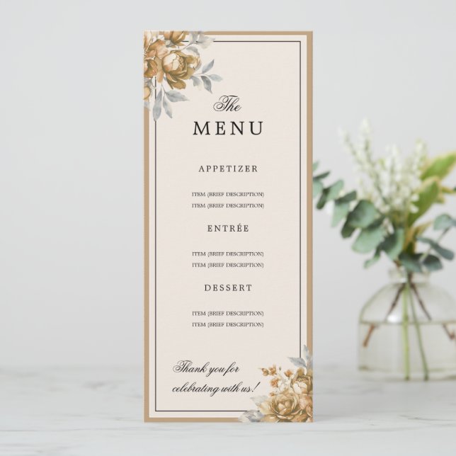 Invitation Menu de mariage floral rustique naturel or élégant (Debout devant)
